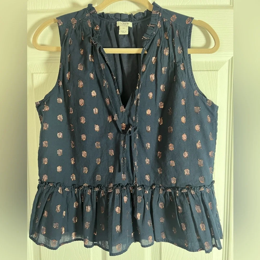 J. Crew Navy Blue Sleeveless Tie Front Peplum Blouse. EUC. Size XS